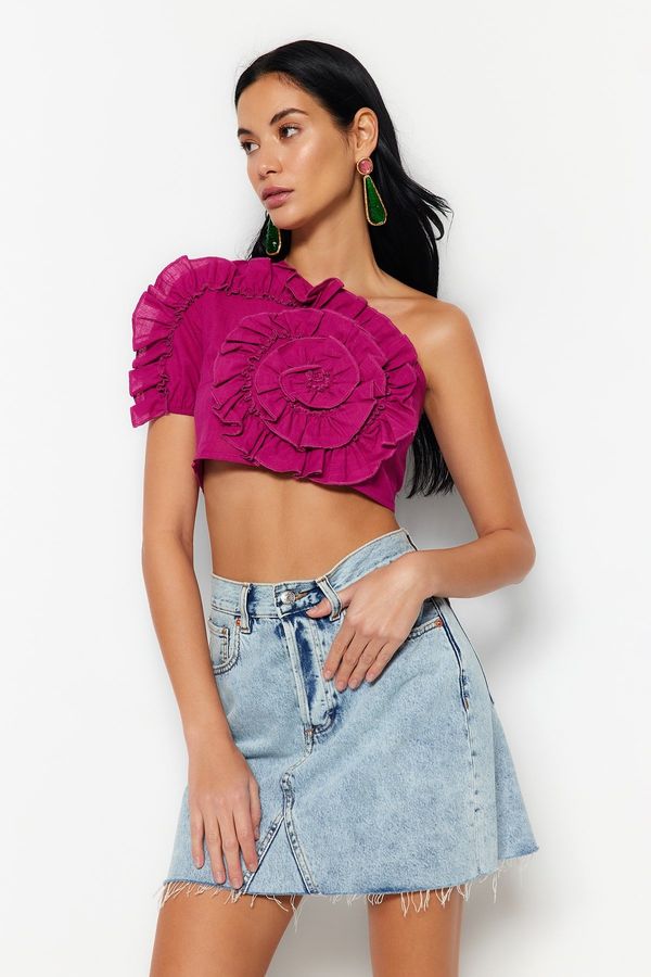 Trendyol Trendyol Fuchsia Crop Weave Ruffled One-Shoulder 100% Cotton Blouse