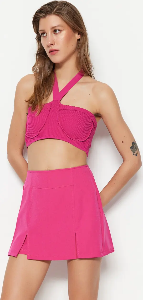 Trendyol Trendyol Fuchsia Double Slit Super Mini Weave Shorts Skirt