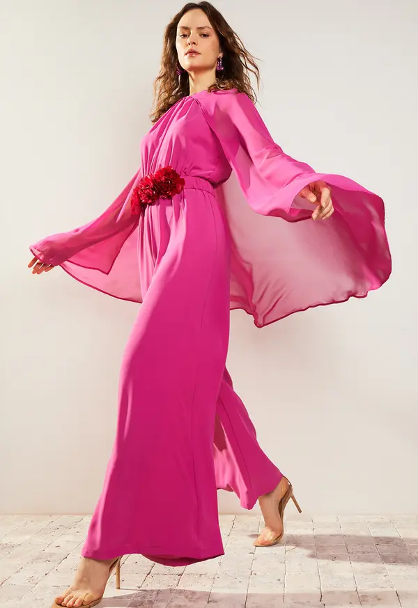 Trendyol Trendyol Fuchsia Flower Belted Chiffon Satin Evening Dress Jumpsuit
