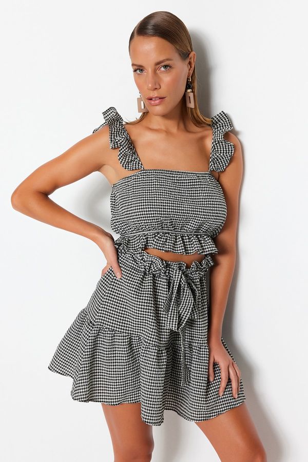 Trendyol Trendyol Gingham Patterned Woven Ruffle Blouse and Skirt Set