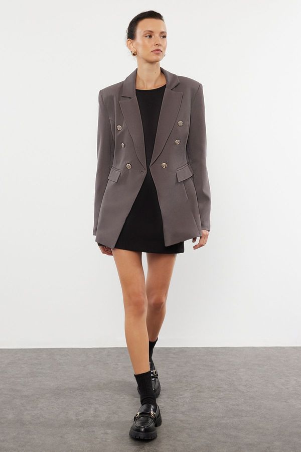 Trendyol Trendyol Gray Button Detailed Lined Fitted Waist Patterned Woven Blazer Jacket
