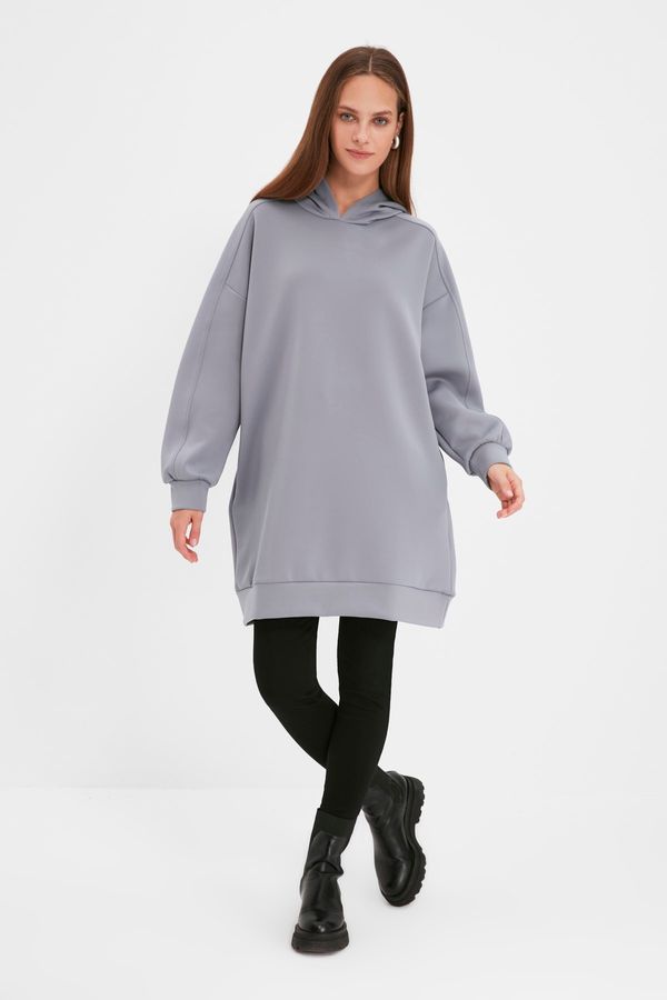 Trendyol Trendyol Gray Hoodie with Pocket Scuba Knitted Wide fit Oversize Sweatshirt