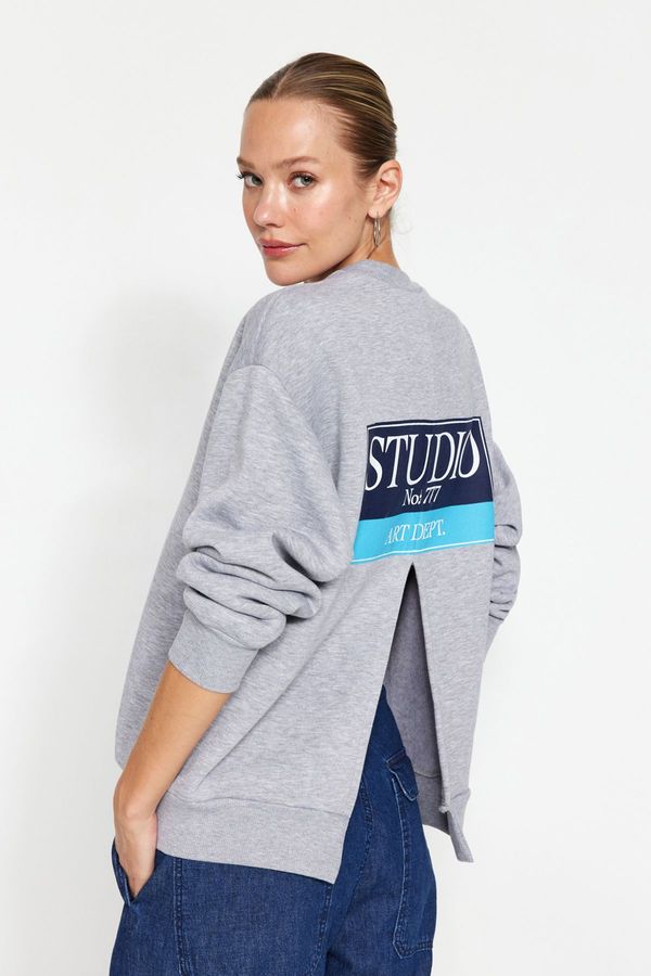 Trendyol Trendyol Gray Melange Back Print Detail Fleece Inside Regular/Normal Fit Knitted Sweatshirt