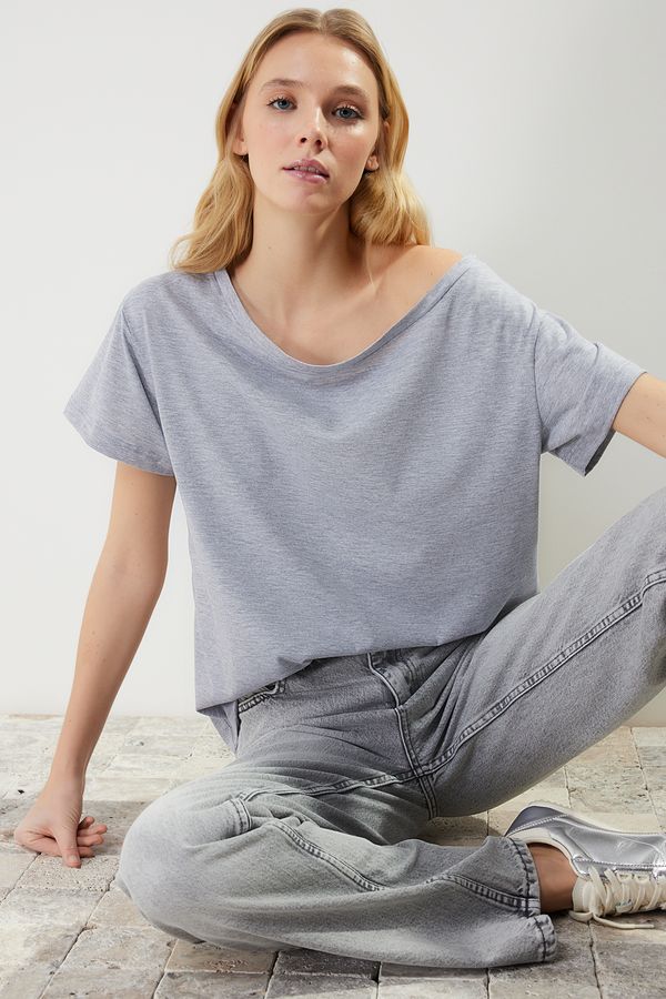 Trendyol Trendyol Gray Melange Cotton Boyfriend/Wide Cut Boat Neck Knitted T-Shirt