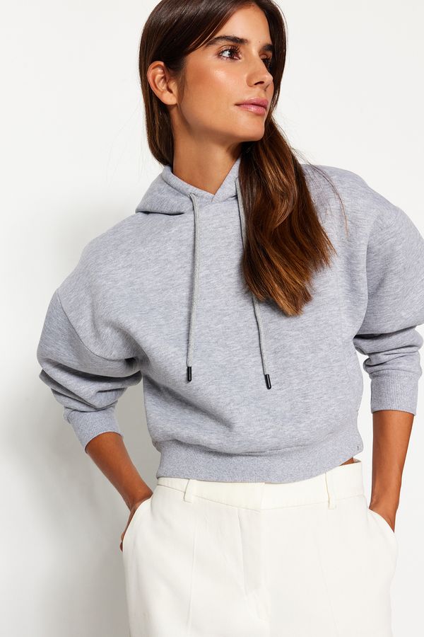 Trendyol Trendyol Gray Melange Hooded Basic Knitted Sweatshirt with Fleece Fleece inside