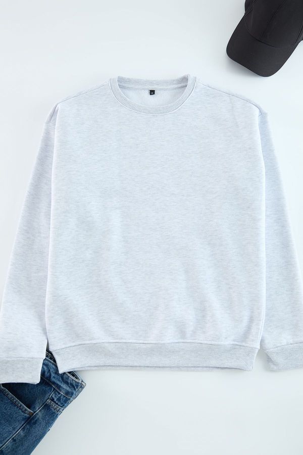 Trendyol Trendyol Gray Melange Oversize/Wide Cut Cotton Basic Thick Sweatshirt with Fleece Inside