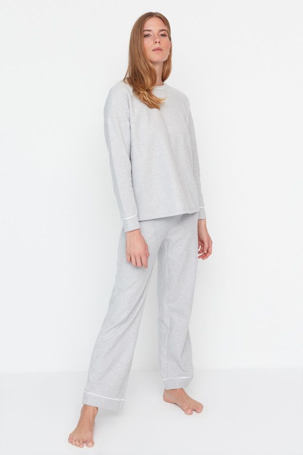 Trendyol Trendyol Gray Melange Piping Detailed Thessaloniki Knitted Pajamas Set