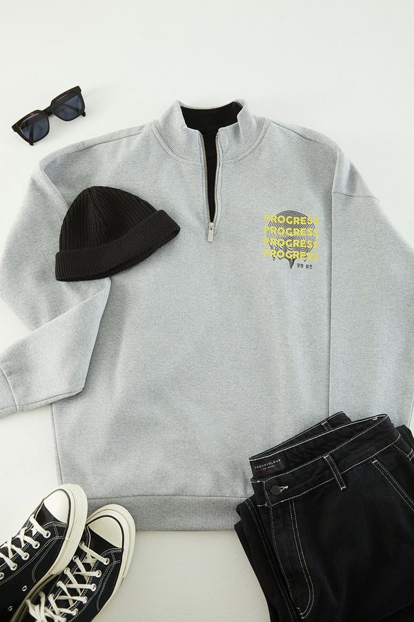 Trendyol Trendyol Gray Melange Plus Size Oversize/Wide-Fit Zippered Fleece Sweatshirt