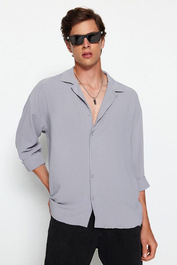 Trendyol Trendyol Gray Oversize Fit Wide Collar Summer Linen Look Shirt