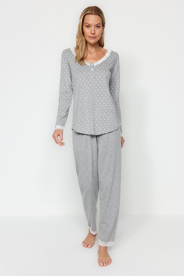 Trendyol Trendyol Gray Polka Dot Lace T-shirt-Pants Knitted Pajama Set