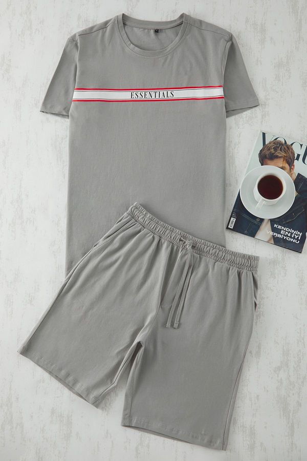 Trendyol Trendyol Gray Regular Fit Printed Shorts Knitted Pajama Set