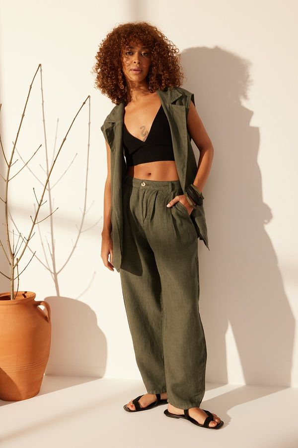 Trendyol Trendyol Green 100% Linen High Waist Barrel Trousers