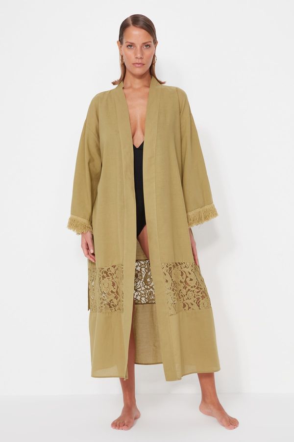 Trendyol Trendyol Green Belted Maxi Woven 100% Cotton Kimono&Caftan with Lace