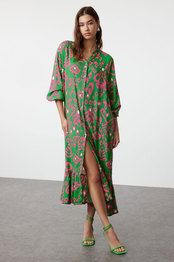 Trendyol Trendyol Green Ethnic Patterned Wide Cut Viscose Woven Shirt Dress