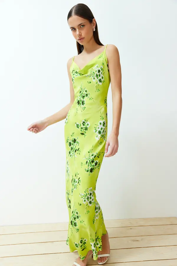 Trendyol Trendyol Green Floral Degaje Collar Strap Midi Woven Dress