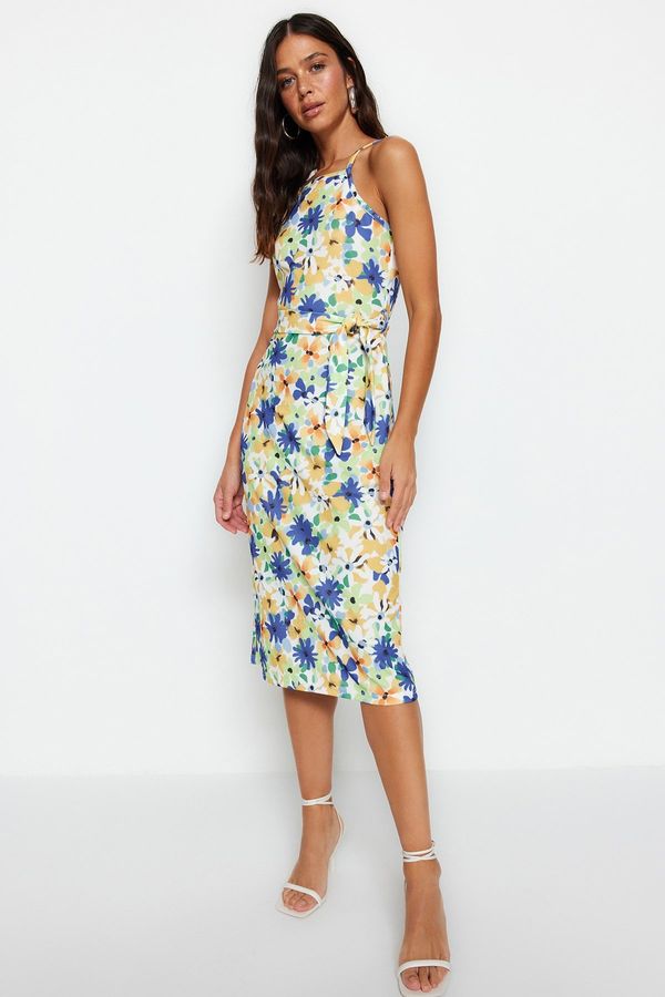 Trendyol Trendyol Green Floral Print Halter Neck Belted Crepe Midi Knitted Dress