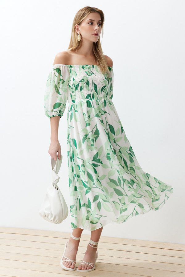Trendyol Trendyol Green Floral Skater Chiffon Maxi Woven Dress
