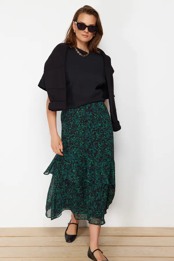 Trendyol Trendyol Green Leopard Patterned Lined Woven Skirt