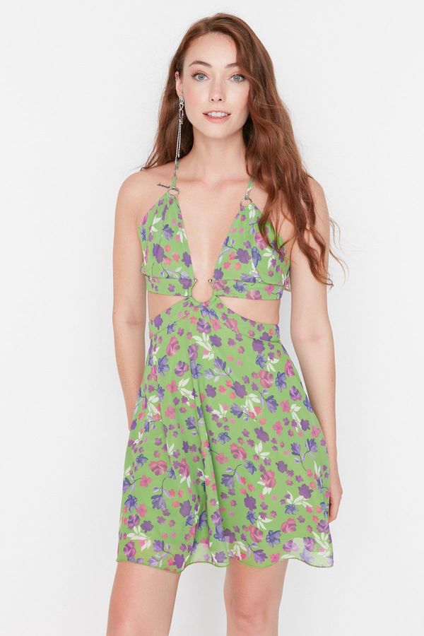 Trendyol Trendyol Green - Многоцветна вечерна рокля от шифон с деколте Detailed