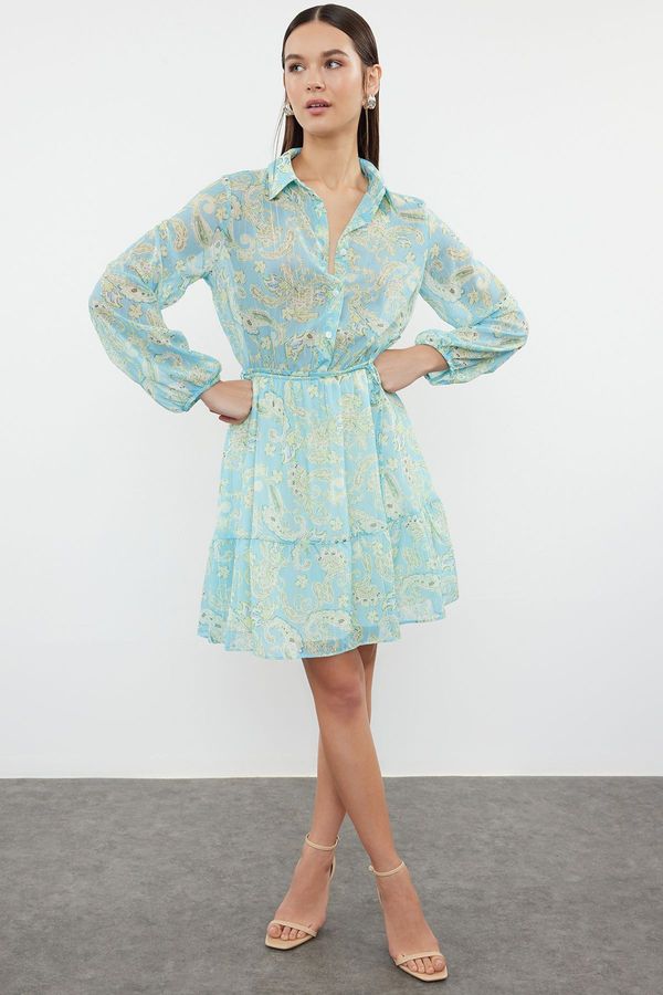 Trendyol Trendyol Green Paisley Patterned A-Line Shirt Collar Mini Chiffon Lined Woven Dress