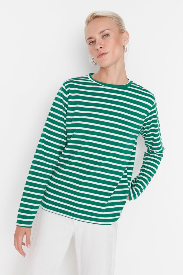 Trendyol Trendyol Green Striped Regular/Normal Pattern Basic Crew Neck Knitted T-Shirt