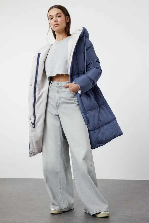 Trendyol Trendyol Grey-Blue Reversible Hooded Water Repellent Long Puffer Jacket