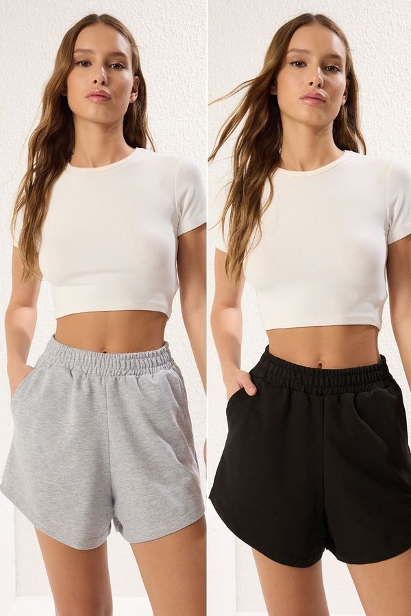 Trendyol Trendyol Grey Melange- Black 2-Pack Short Knitted Shorts & Bermuda
