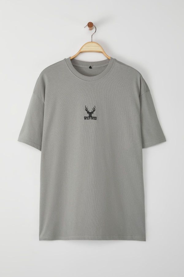 Trendyol Trendyol Grey Oversize/Wide Cut Deer Embroidered 100% T-Shirt