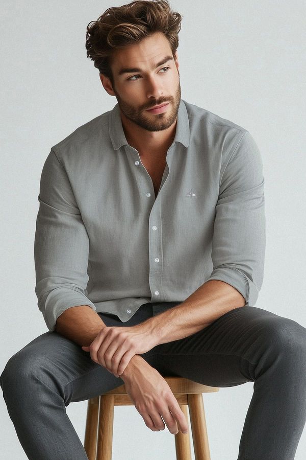 Trendyol Trendyol Grey Regular Embroidered Easy Ironable Smart Oxford Shirt