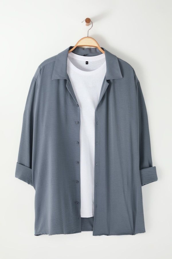 Trendyol Trendyol Grey Regular Fit Fit Open Collar Summer Linen Look Plus Size Shirt