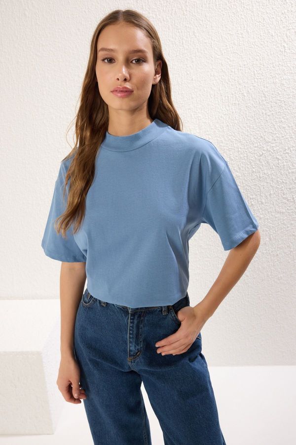 Trendyol Trendyol Indigo 100% Cotton Stand Collar Three Quarter Sleeve Knitted T-Shirt