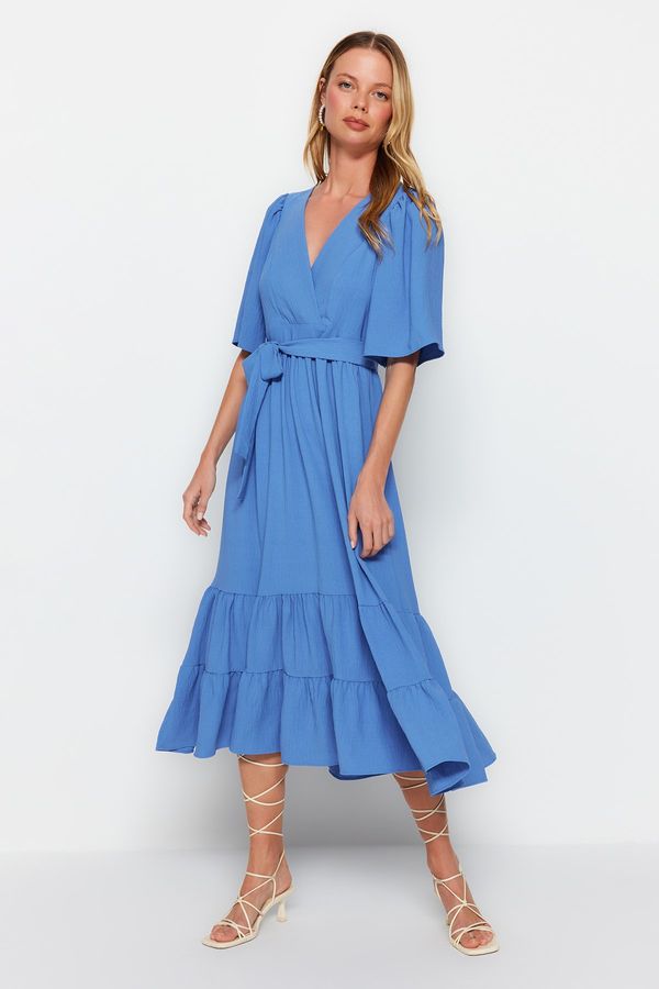 Trendyol Trendyol Indigo Belted Woven Double Breasted Neck Back Detail Midi Woven Dress