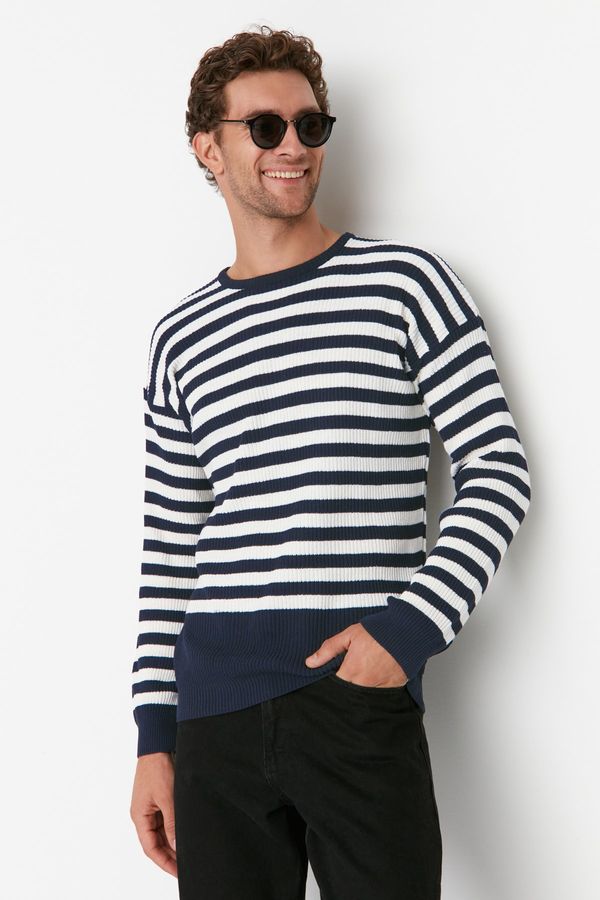 Trendyol Trendyol Indigo Crew Neck Oversize Striped Knitwear Sweater