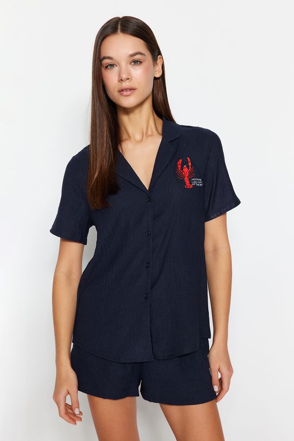 Trendyol Trendyol Indigo Embroidered Shirt-Shorts Woven Pajama Set