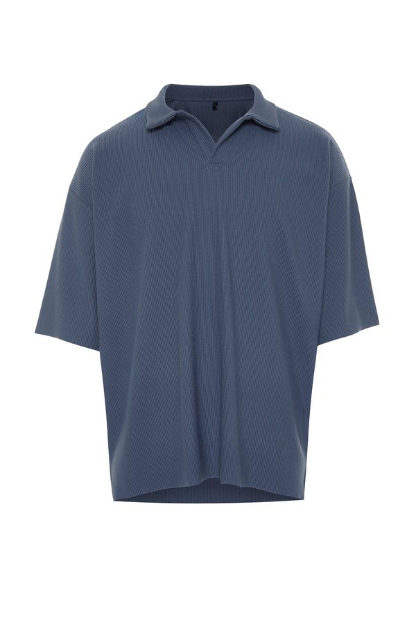 Trendyol Trendyol Indigo Limited Edition Oversize Textured Anti-Wrinkle Ottoman Polo Neck T-Shirt