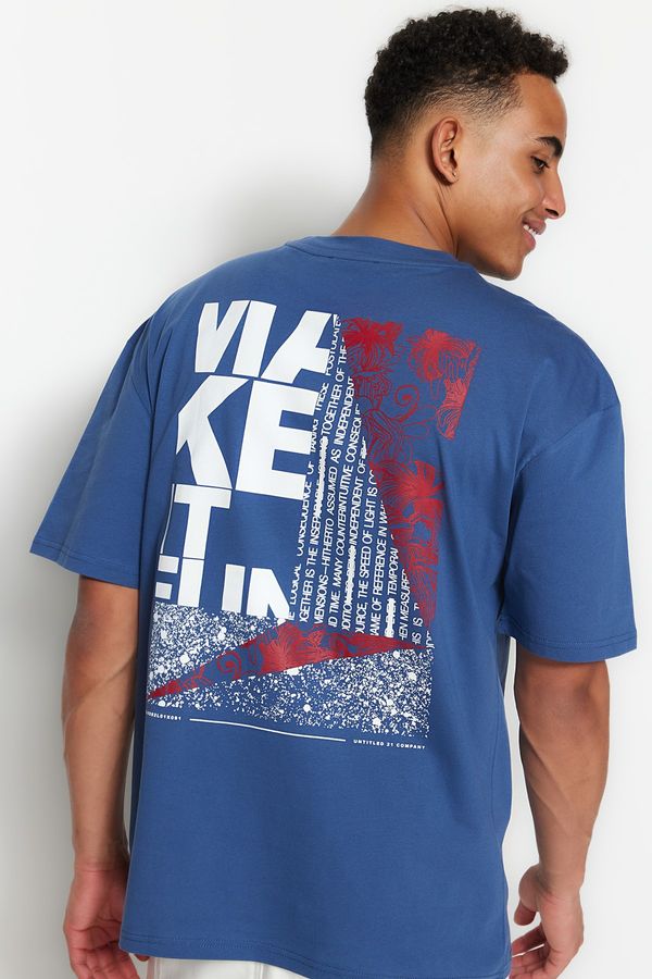 Trendyol Trendyol индиго мъжки спокойна екипажа врата къс ръкав тениска