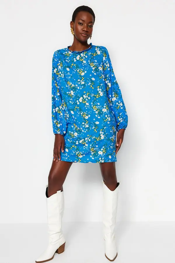 Trendyol Trendyol индиго направо нарязани мини тъкани флорални тъкани рокля