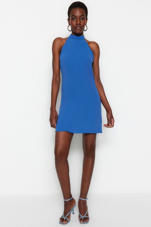 Trendyol Trendyol индиго направо нарязани мини тъкани високо деколте тъкани рокля