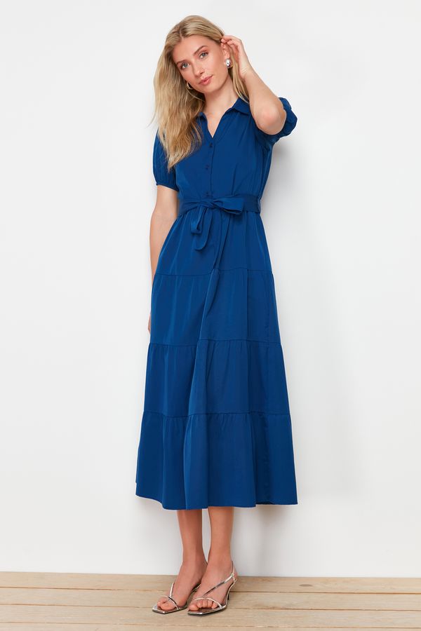 Trendyol Trendyol Indigo Wide Cut Shirt Collar Maxi Woven Dress