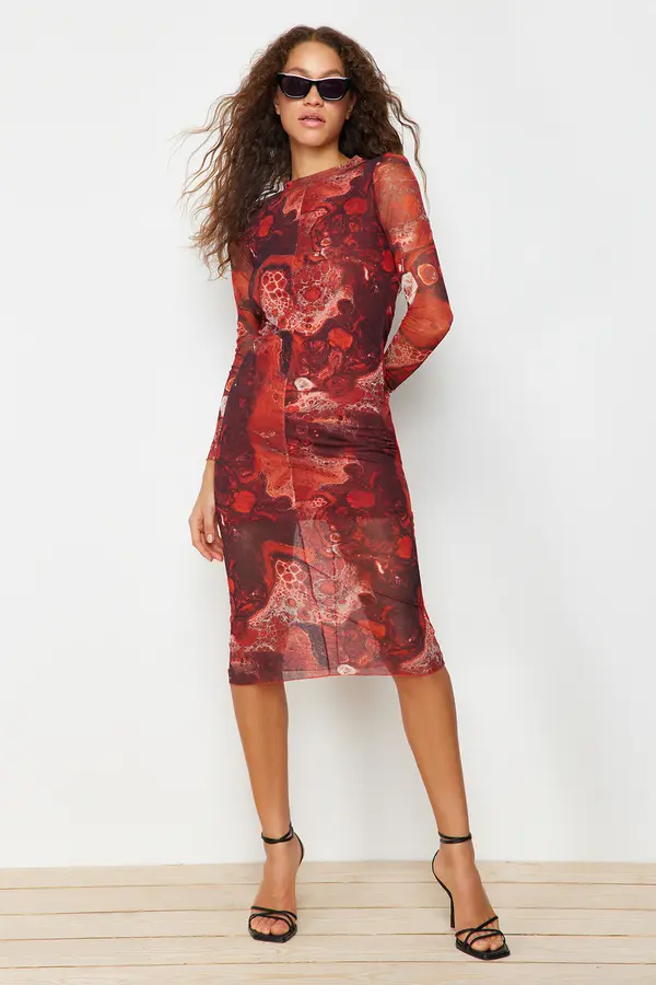 Trendyol Trendyol кафяв печат, тюл облицовани, вталени Midi трикотажна рокля