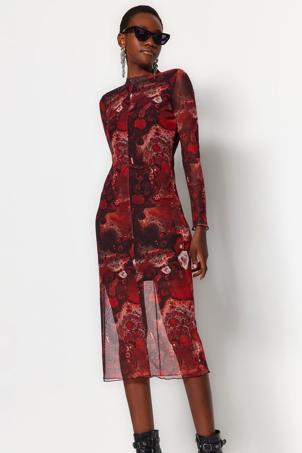 Trendyol Trendyol кафяв печат, тюл облицовани, вталени Midi трикотажна рокля