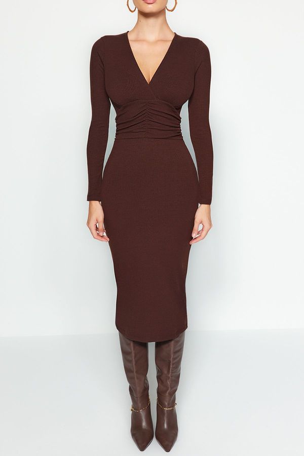 Trendyol Trendyol кафяв текстуриран плат v-образно деколте талията детайл Макси плетена рокля