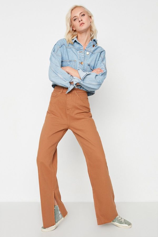 Trendyol Trendyol камила цепка висока талия широк крак дънки панталони