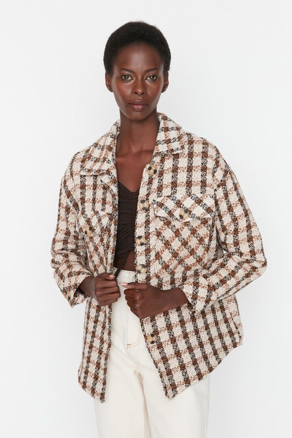 Trendyol Trendyol камила извънгабаритни бутон за закрепване туид палто