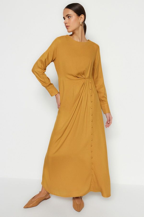 Trendyol Trendyol камила талията 100% вискоза тъкани рокля с Shirred плат покрити бутон подробни