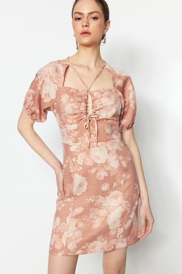 Trendyol Trendyol камила тъкани бельо поглед вратовръзка детайл мини тъкани рокля