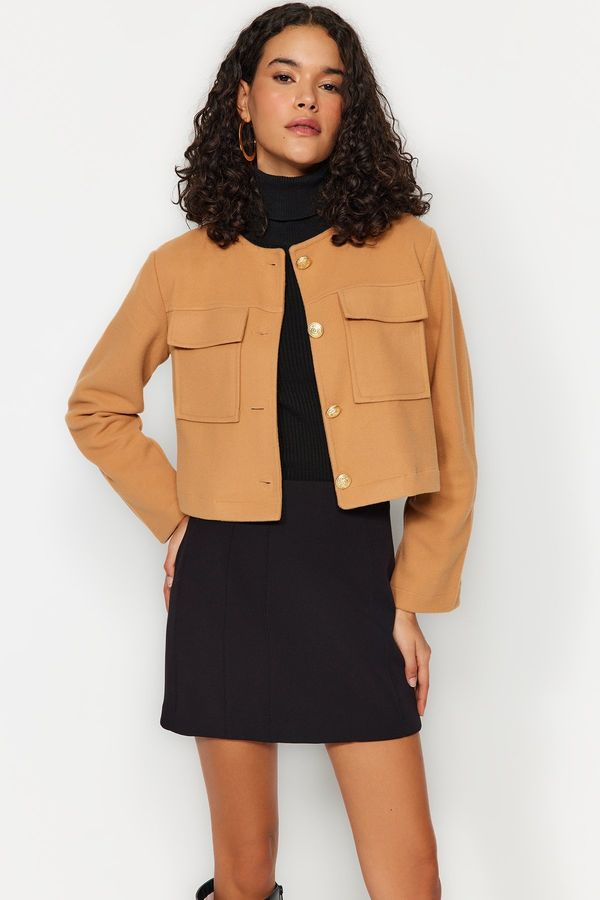 Trendyol Trendyol камила злато бутон подробни щамповани яке палто