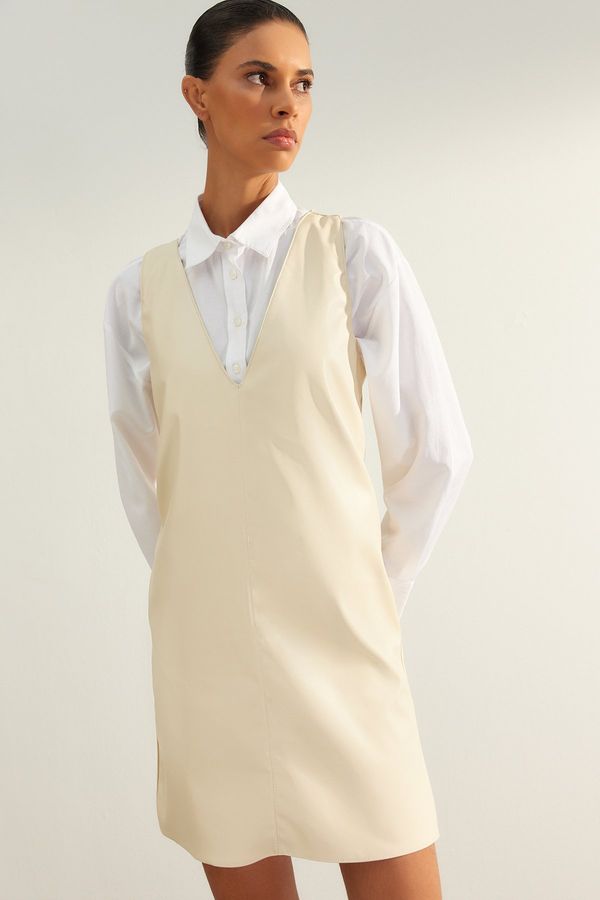 Trendyol Trendyol камък прав нарязани изкуствена кожа Gilet тъкани тъкани рокля