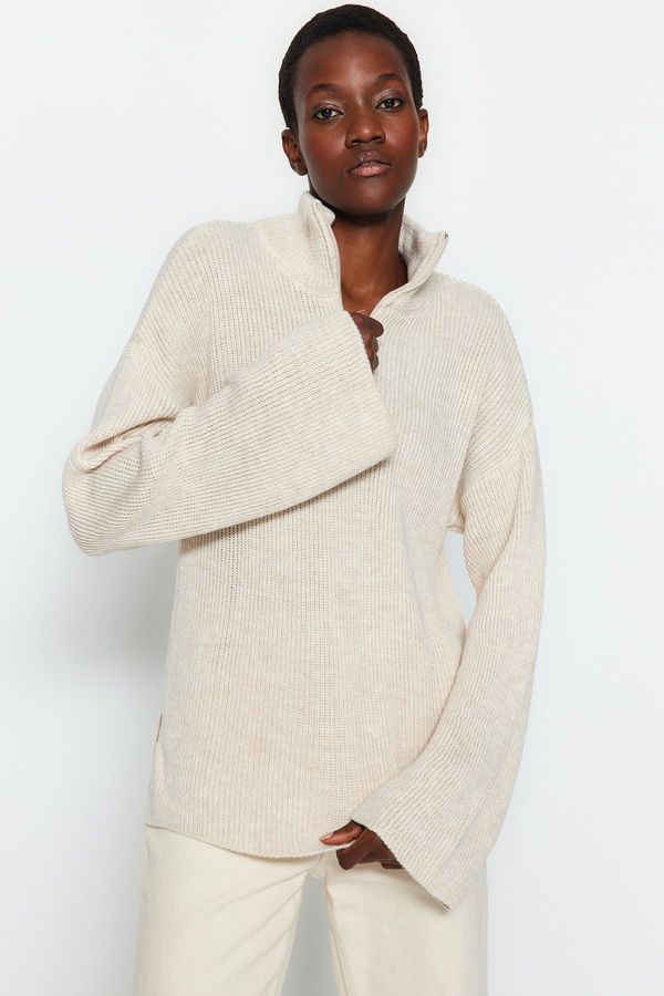 Trendyol Trendyol камък широк годни цип високо врата трикотаж пуловер