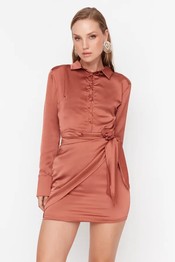 Trendyol Trendyol канела вратовръзка подробни сатен вечерна рокля